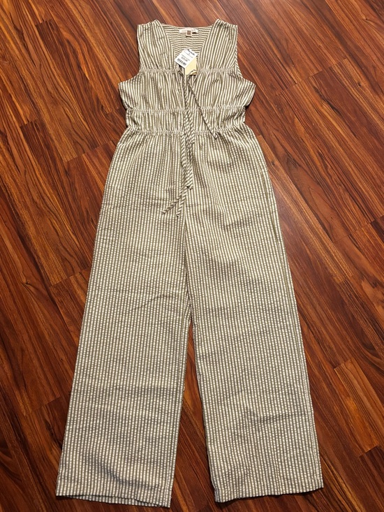 Monteau Pants - Monteau Beige and White Striped Sleeveless Jumpsuit